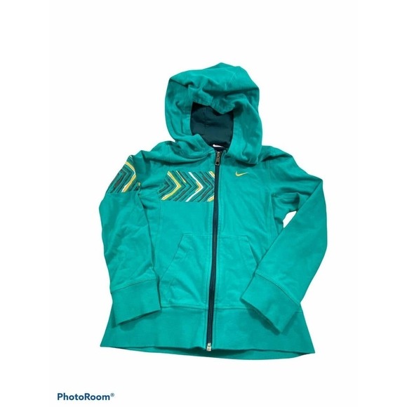 Nike Hoodie Green Zip Girls Boys Size M Green with Asymmetric Graphic - Picture 1 of 9